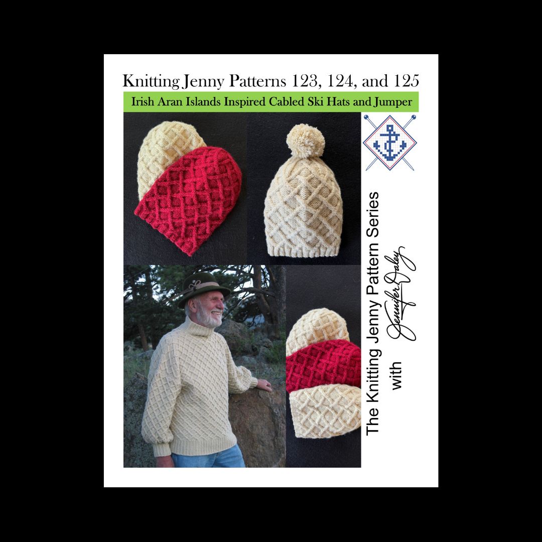 Knitting Jenny Patterns 123, 124, and 125: Irish Aran Islands Inspired Cabled Ski Hats and Jumper