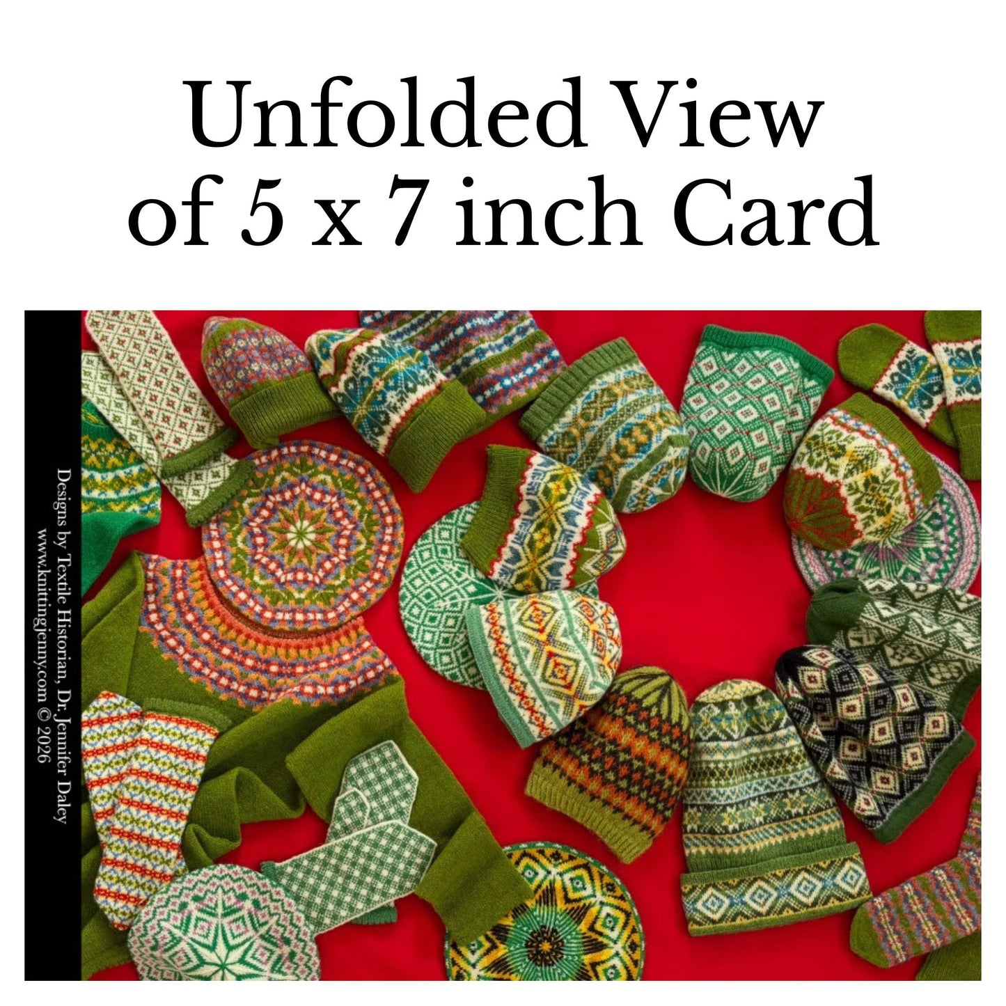 A Single 5 x 7 inch Card with an Envelope, Featuring Green Fair Isle Inspired Knitting Designs by Jennifer Daley