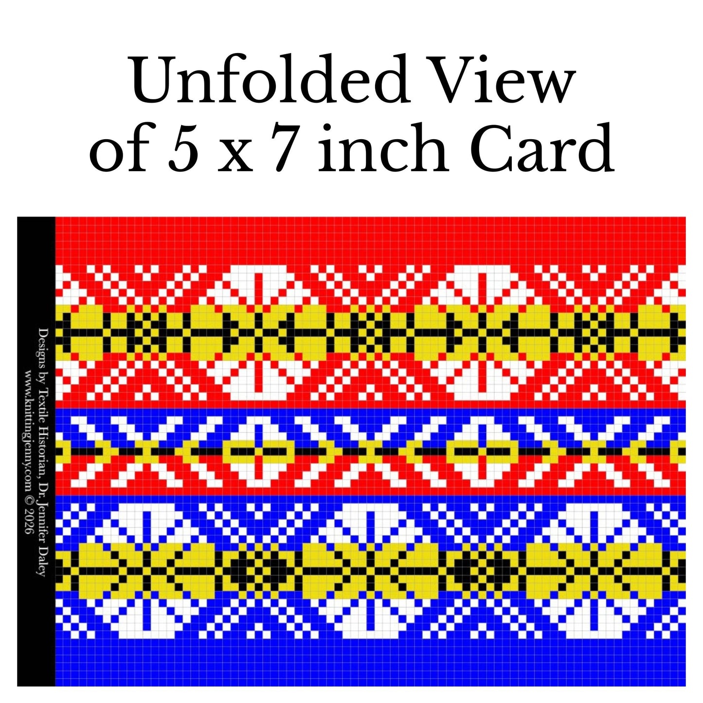 A Single 5 x 7 inch Card with an Envelope, Featuring Traditional Fair Isle Inspired Blue and Red Knitting Designs by Jennifer Daley