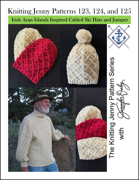 Knitting Jenny Patterns 123, 124, and 125: Irish Aran Islands Inspired Cabled Ski Hats and Jumper
